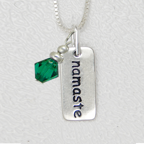 Sterling Silver Petite Namaste Tag Pendant With Green Crystal